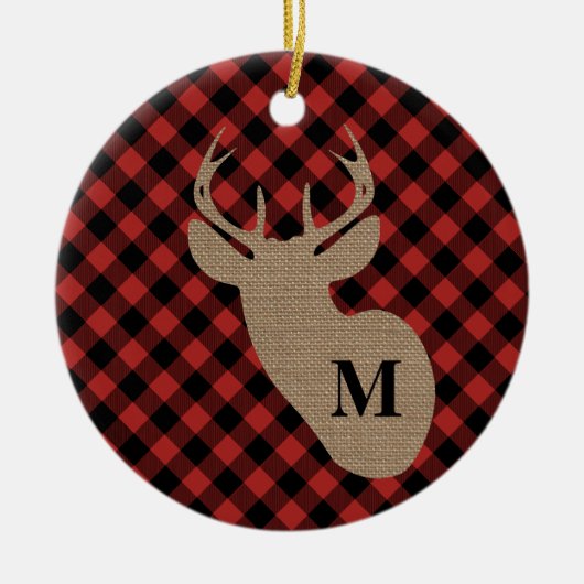 Buffalo Plaid Burlap Deer Monogram Keramisch Ornament (Voorkant)