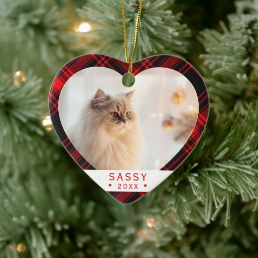 Buffalo Plaid Cat Lover Photo Heart Ornament (Boom)