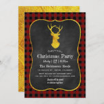 Buffalo Plaid Chalkboard Folie Kerstfeest Kaart<br><div class="desc">Kerstfeest rustieke krijtborduitnodiging met een buffelplaid patroon en een gouden folie hert en omgekeerd aanpasbaar aan uw evenementspecifieke kenmerken.</div>