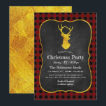 Buffalo Plaid Chalkboard Folie Kerstfeest Kaart<br><div class="desc">Kerstfeest rustieke krijtborduitnodiging met een buffelplaid patroon en een gouden folie hert en omgekeerd aanpasbaar aan uw evenementspecifieke kenmerken.</div>