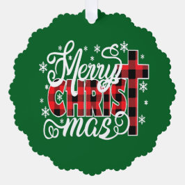 Buffalo Plaid Christian Christmas Design with Snow Ornament Kaart