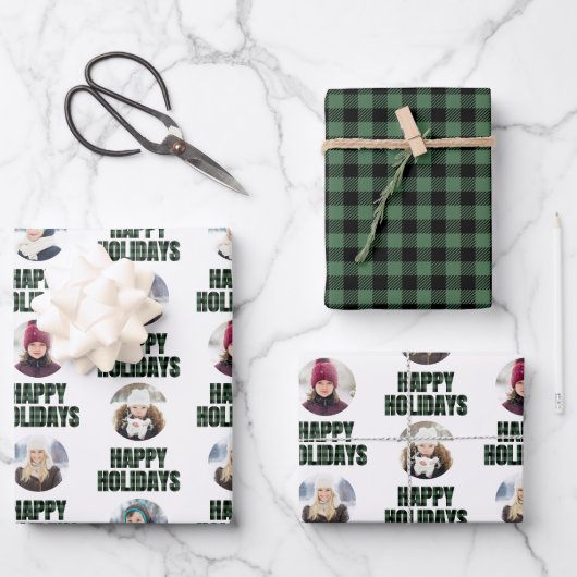 Buffalo Plaid Christmas Photo Collage Black Green  Inpakpapier Vel (Voorkant)