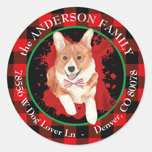 Buffalo Plaid Corgi Hond Retouradres Ronde Sticker (Voorkant)