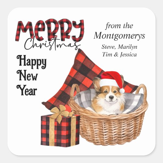 Buffalo Plaid Corgi Puppy Kerstmis Vierkante Sticker (Voorkant)