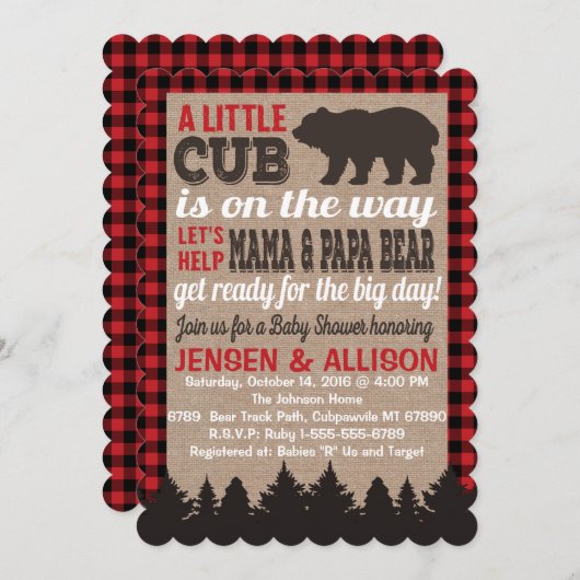 Buffalo Plaid Cub Baby shower Invitation Kaart (Voorkant / Achterkant)