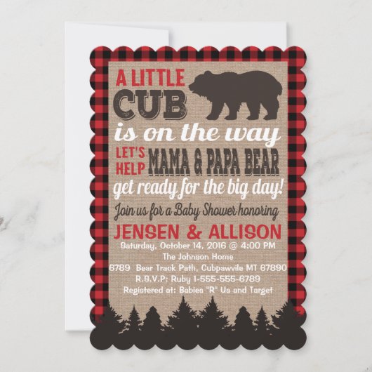 Buffalo Plaid Cub Baby shower Invitation Kaart (Voorkant)