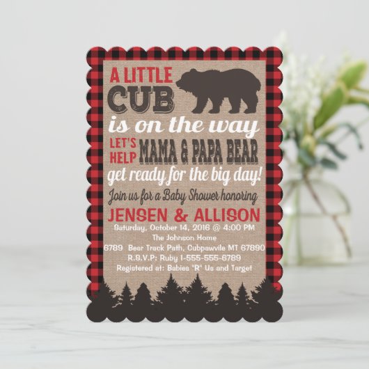 Buffalo Plaid Cub Baby shower Invitation Kaart (Staand voorkant)