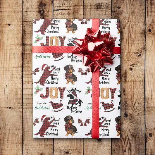 Buffalo Plaid Dachshund Hond Kerstvreugde Cadeaupapier