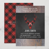 Buffalo Plaid Deer Head Monogram Bachelor Party Kaart (Voorkant / Achterkant)