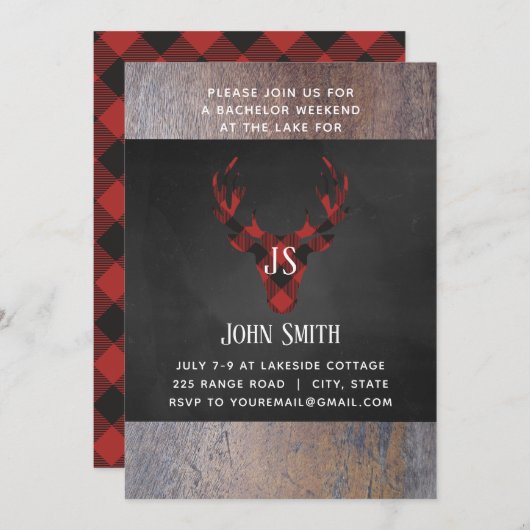 Buffalo Plaid Deer Head Monogram Bachelor Party Kaart (Voorkant / Achterkant)