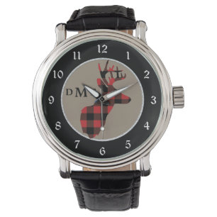 Buffalo Plaid Deer Monogram Horloge