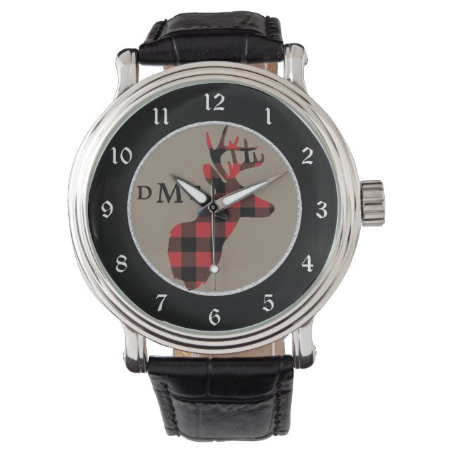 Buffalo Plaid Deer Monogram Horloge (Voorkant)