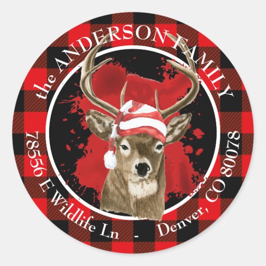 Buffalo Plaid Deer Santa Hat Retouradres Ronde Sticker (Voorkant)
