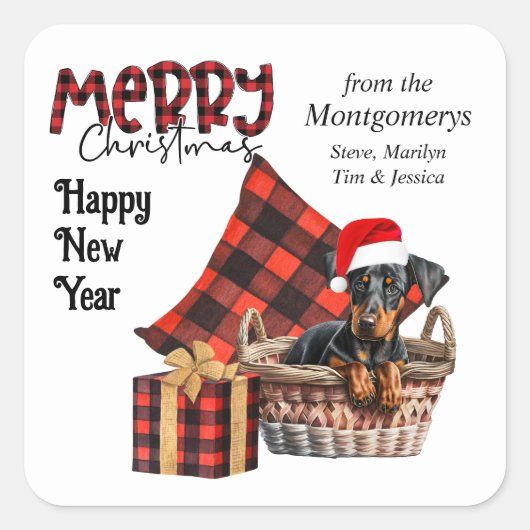 Buffalo Plaid Doberman Pinscher Puppy Vakantie Vierkante Sticker (Voorkant)