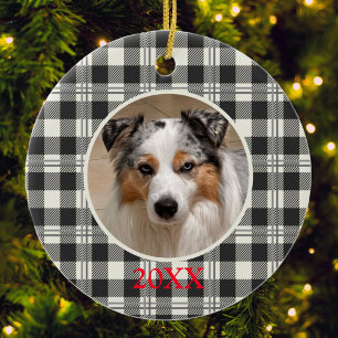 Buffalo Plaid Donker Grijs en Buttercream Foto Dat Keramisch Ornament