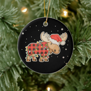 Buffalo Plaid Eland Kerstman Hoed Kerstboom Licht Keramisch Ornament