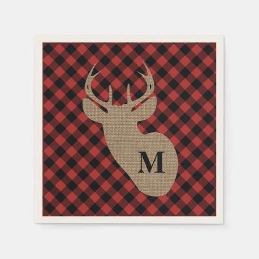 Buffalo Plaid en Burlap Monogram Herten Servetten (Voorkant)