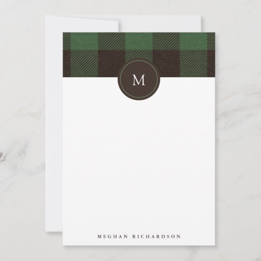 Buffalo Plaid en Monogram | Groene Briefpapier Notitiekaartje (Voorkant)