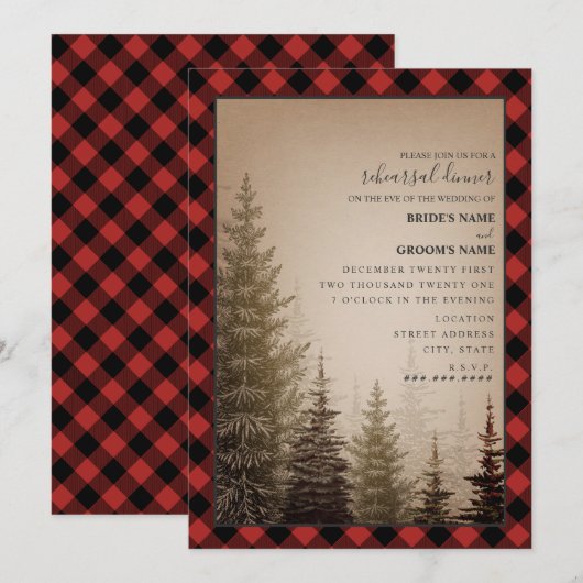 Buffalo Plaid Evergreen bruiloft repetitie diner Kaart (Voorkant / Achterkant)