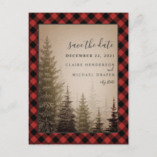 Buffalo Plaid Evergreen Bruiloft Save The Date Aankondigingskaart