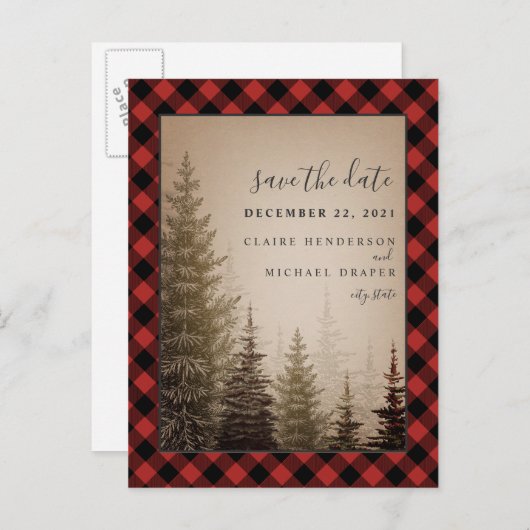 Buffalo Plaid Evergreen Bruiloft Save The Date Aankondigingskaart (Voorkant / Achterkant)