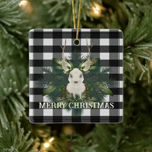 Buffalo Plaid Feestelijke Rendier Kerstvakantie Keramisch Ornament (Boom)