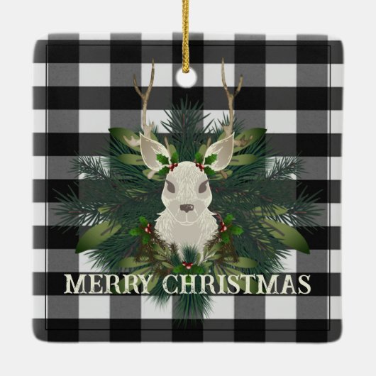 Buffalo Plaid Feestelijke Rendier Kerstvakantie Keramisch Ornament (Achterkant)