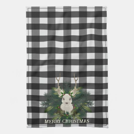 Buffalo Plaid Feestelijke Rendier Kerstvakantie Theedoek (Verticaal)
