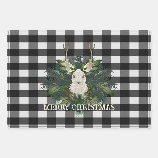 Buffalo Plaid Feestelijke Rendieren Kerstmis Inpakpapier Vel (Voorkant)