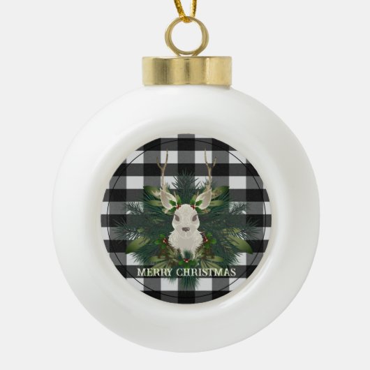 Buffalo Plaid Feestelijke Rendieren Kerstmis Keramische Bal Ornament (Voorkant)