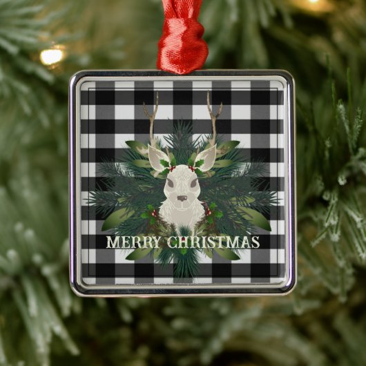 Buffalo Plaid Feestelijke Rendieren Kerstmis Metalen Ornament (Boom)