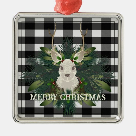 Buffalo Plaid Feestelijke Rendieren Kerstmis Metalen Ornament (Voorkant)