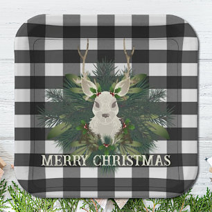 Buffalo Plaid Feestelijke Rendieren Kerstmis Papieren Bordje