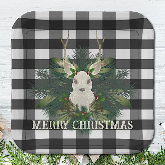Buffalo Plaid Feestelijke Rendieren Kerstmis Papieren Bordje