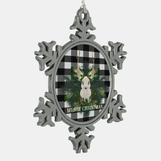 Buffalo Plaid Feestelijke Rendieren Kerstmis Tin Sneeuwvlok Ornament (Links)