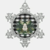 Buffalo Plaid Feestelijke Rendieren Kerstmis Tin Sneeuwvlok Ornament (Voorkant)