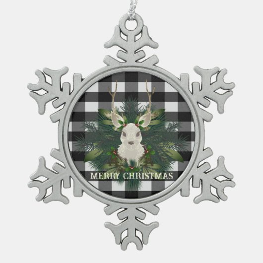 Buffalo Plaid Feestelijke Rendieren Kerstmis Tin Sneeuwvlok Ornament (Voorkant)