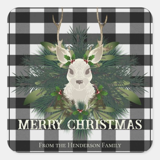 Buffalo Plaid Festive Rendier Kerstmis Vierkante Sticker (Voorkant)