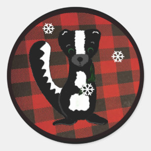 Buffalo Plaid Forest Skunk Vakantie Ronde Sticker
