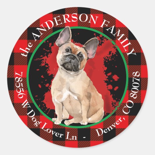 Buffalo Plaid Franse Bulldog retouradres Ronde Sticker (Voorkant)