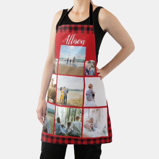 Buffalo Plaid Gepersonaliseerde Familie Fotocollag Schort (Insitu)