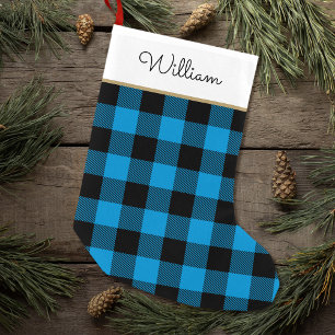 Buffalo Plaid Gepersonaliseerde Naam Blauw Zwart Kleine Kerstsok