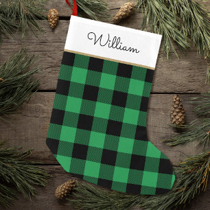 Buffalo Plaid Gepersonaliseerde Naam Groen Zwart Kleine Kerstsok