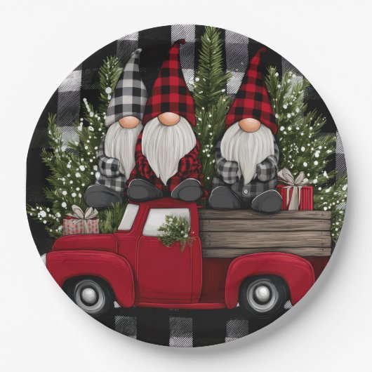 Buffalo Plaid Gnomes Holiday Truck Paper Plates Papieren Bordje (Voorkant)