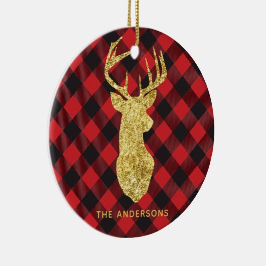 Buffalo Plaid Gold Deer Monogram Kerstmis Keramisch Ornament (Rechts)