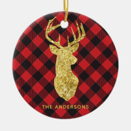 Buffalo Plaid Gold Deer Monogram Kerstmis Keramisch Ornament