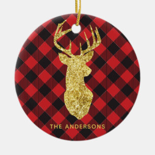 Buffalo Plaid Gold Deer Monogram Kerstmis Keramisch Ornament