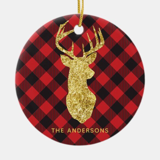 Buffalo Plaid Gold Deer Monogram Kerstmis Keramisch Ornament (Voorkant)