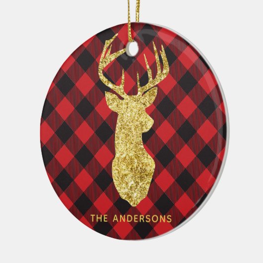 Buffalo Plaid Gold Deer Monogram Kerstmis Keramisch Ornament (Links)
