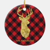 Buffalo Plaid Gold Deer Monogram Kerstmis Keramisch Ornament (Achterkant)